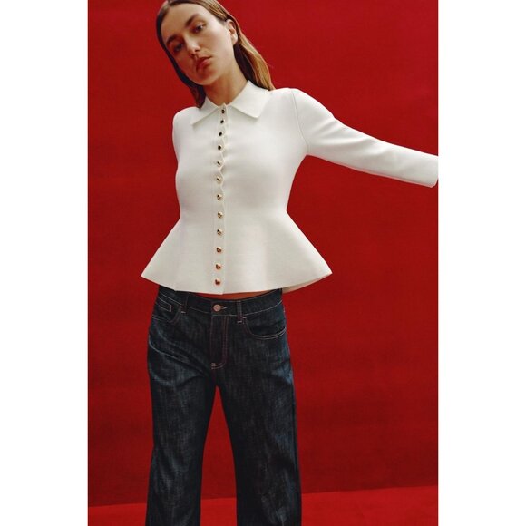Zara Womens Sweater S Small White Peplum Cardigan Gold Button 4192/028 NWD - Picture 1 of 16